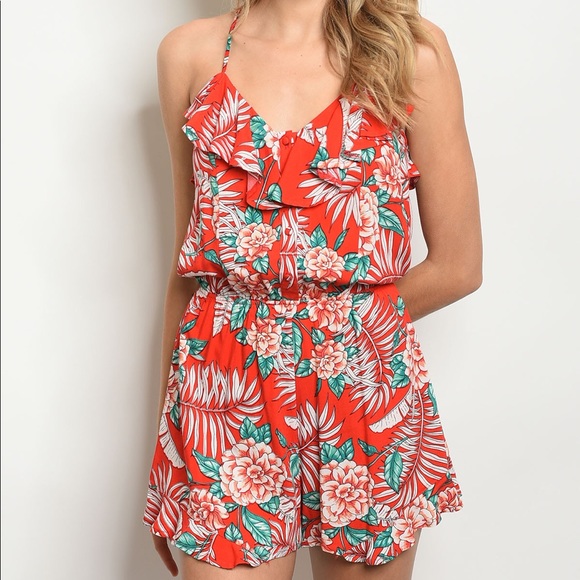 Pants - Red Floral Romper